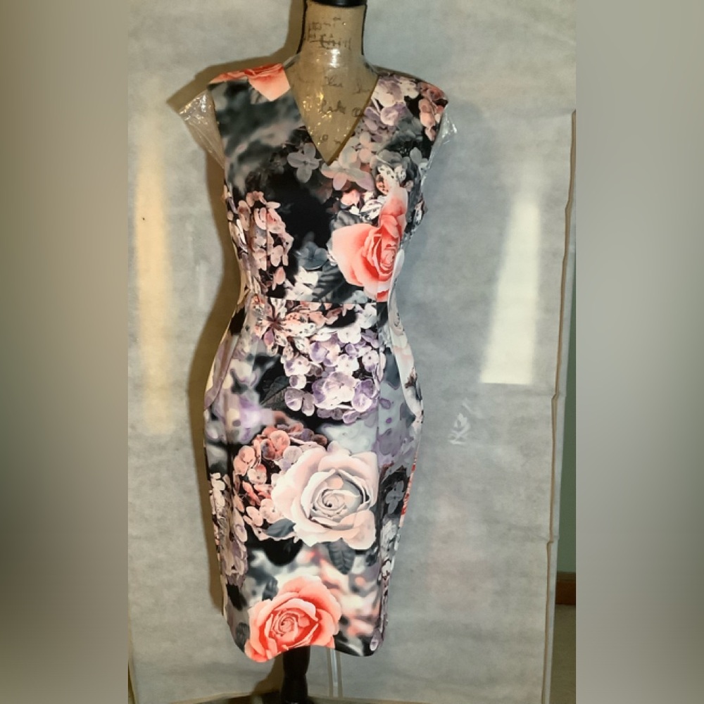 Calvin Klein, Grey, pink & white floral sleeveless shift dress. Sz 10